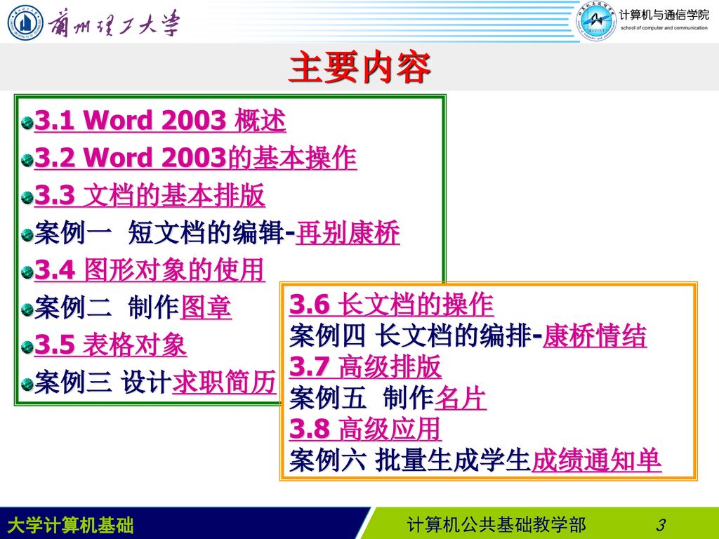 主要内容 3.1 Word 2003 概述 3.2 Word 2003的基本操作 3.3 文档的基本排版 案例一 短文档的编辑-再别康桥