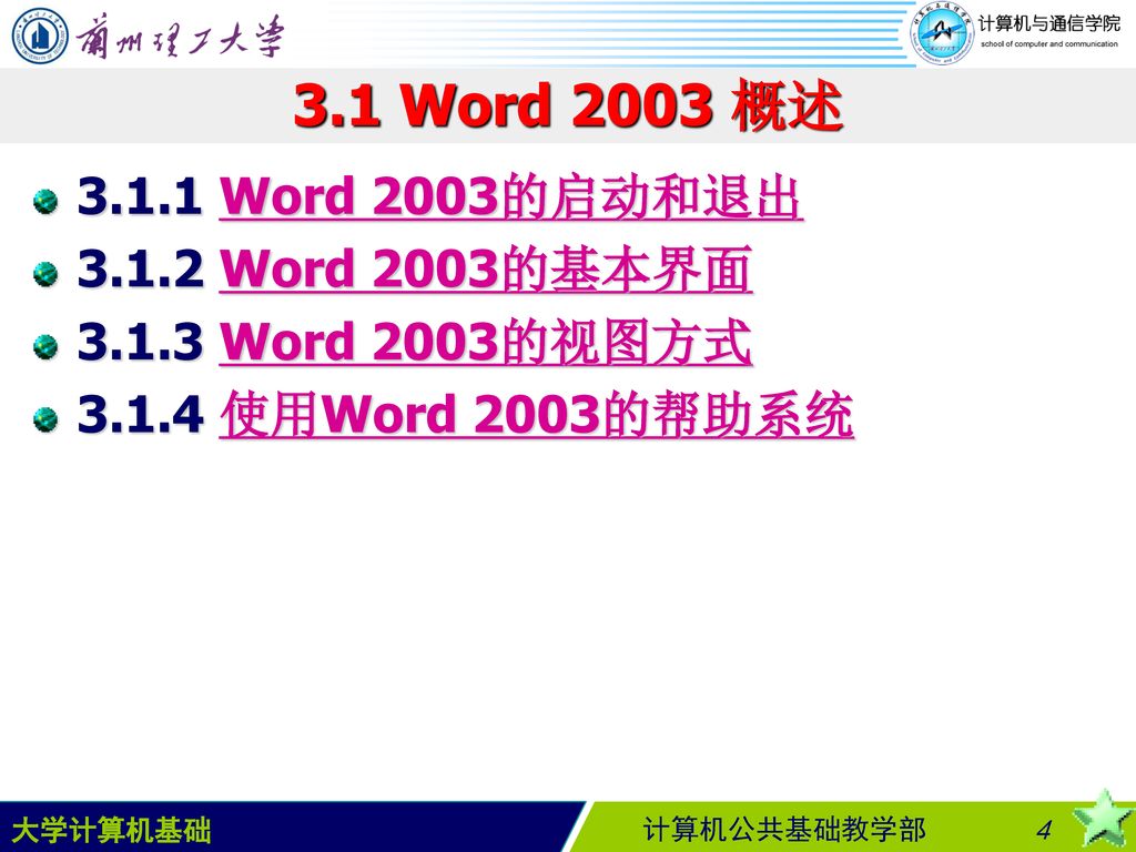 3.1 Word 2003 概述 Word 2003的启动和退出 Word 2003的基本界面