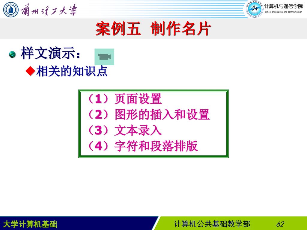 案例五 制作名片 样文演示： 相关的知识点 （1）页面设置 （2）图形的插入和设置 （3）文本录入 （4）字符和段落排版 大学计算机基础