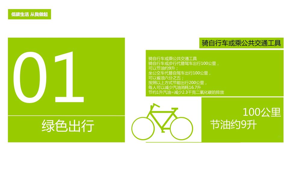 01 绿色出行 100公里 节油约9升 骑自行车或乘公共交通工具 低碳生活 从我做起 骑自行车或乘公共交通工具