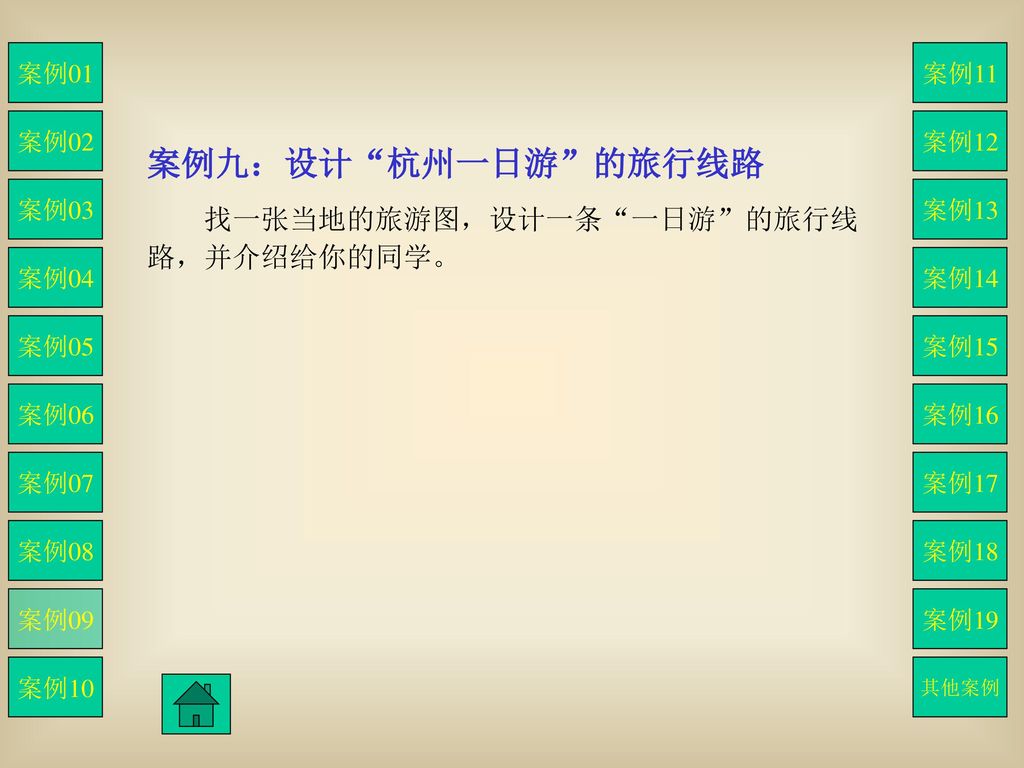 案例九：设计 杭州一日游 的旅行线路 找一张当地的旅游图，设计一条 一日游 的旅行线路，并介绍给你的同学。 案例01 案例11 案例02