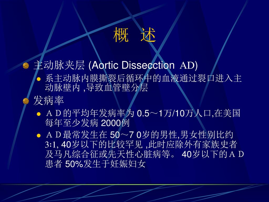 概 述 主动脉夹层 (Aortic Dissecction AD) 发病率