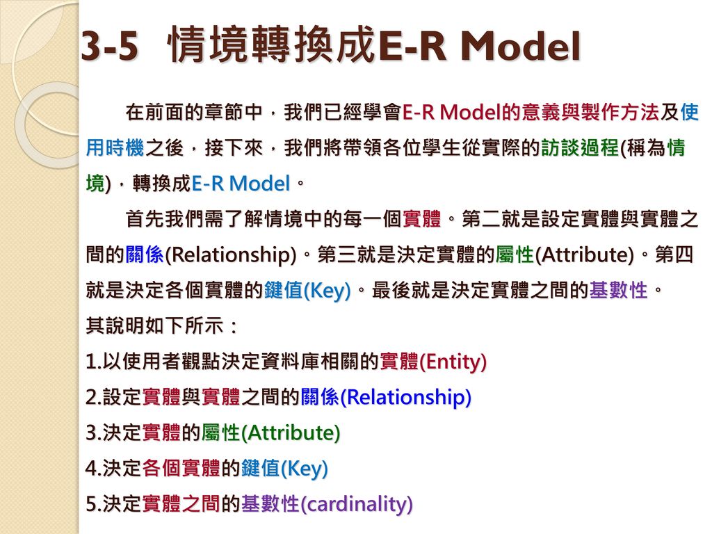 3-5 情境轉換成E-R Model 在前面的章節中，我們已經學會E-R Model的意義與製作方法及使用時機之後，接下來，我們將帶領各位學生從實際的訪談過程(稱為情境)，轉換成E-R Model。