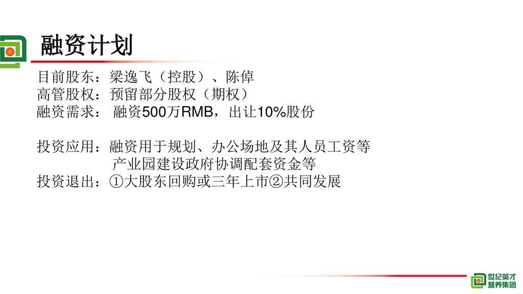 融资计划 目前股东：梁逸飞（控股）、陈倬 高管股权：预留部分股权（期权） 融资需求： 融资500万RMB，出让10%股份