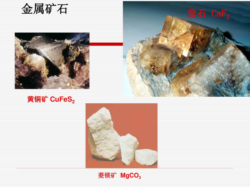 金属矿石 萤石 CaF2 黄铜矿 CuFeS2 菱镁矿 MgCO3