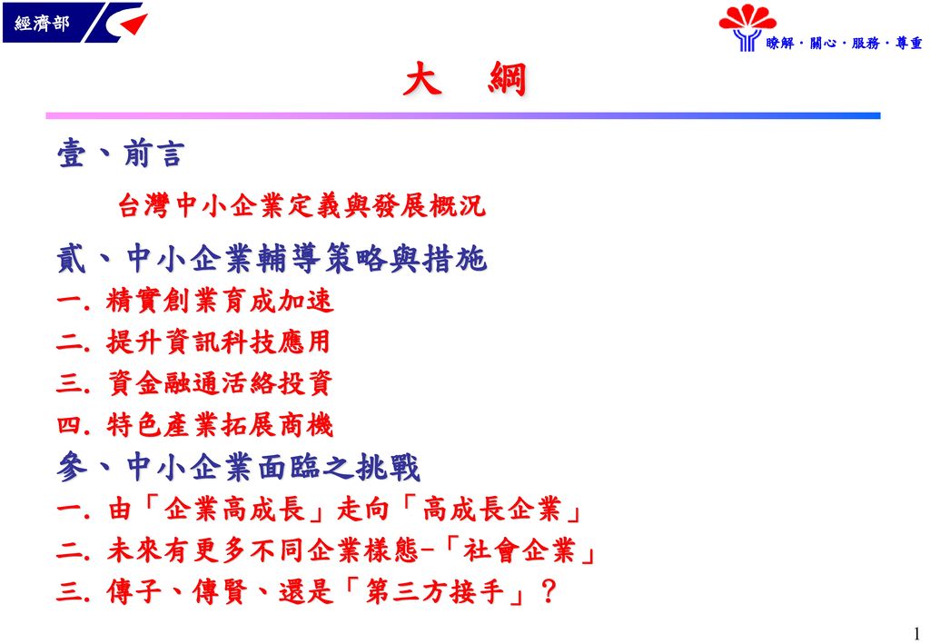 大綱壹 前言貳 中小企業輔導策略與措施參 中小企業面臨之挑戰精實創業育成加速提升資訊科技應用資金融通活絡投資特色產業拓展商機