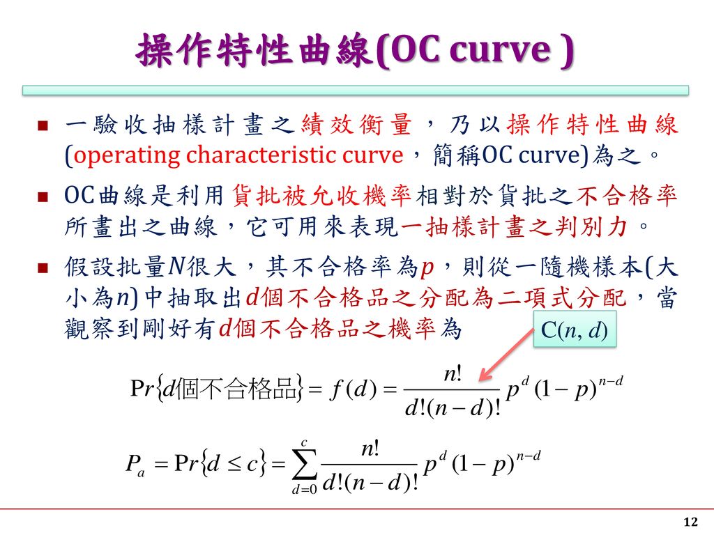 操作特性曲線(OC curve ) 一驗收抽樣計畫之績效衡量，乃以操作特性曲線(operating characteristic curve，簡稱OC curve)為之。 OC曲線是利用貨批被允收機率相對於貨批之不合格率所畫出之曲線，它可用來表現一抽樣計畫之判別力。