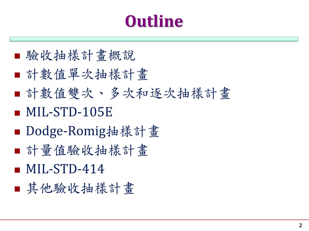 Outline 驗收抽樣計畫概說 計數值單次抽樣計畫 計數值雙次、多次和逐次抽樣計畫 MIL-STD-105E