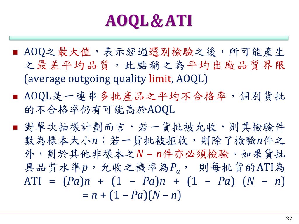 AOQL＆ATI AOQ之最大值，表示經過選別檢驗之後，所可能產生之最差平均品質，此點稱之為平均出廠品質界限(average outgoing quality limit, AOQL) AOQL是一連串多批產品之平均不合格率，個別貨批的不合格率仍有可能高於AOQL.