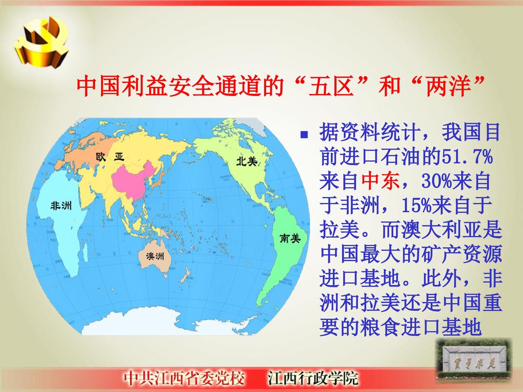中国利益安全通道的 五区 和 两洋 据资料统计，我国目前进口石油的51.7%来自中东，30%来自于非洲，15%来自于拉美。而澳大利亚是中国最大的矿产资源进口基地。此外，非洲和拉美还是中国重要的粮食进口基地.