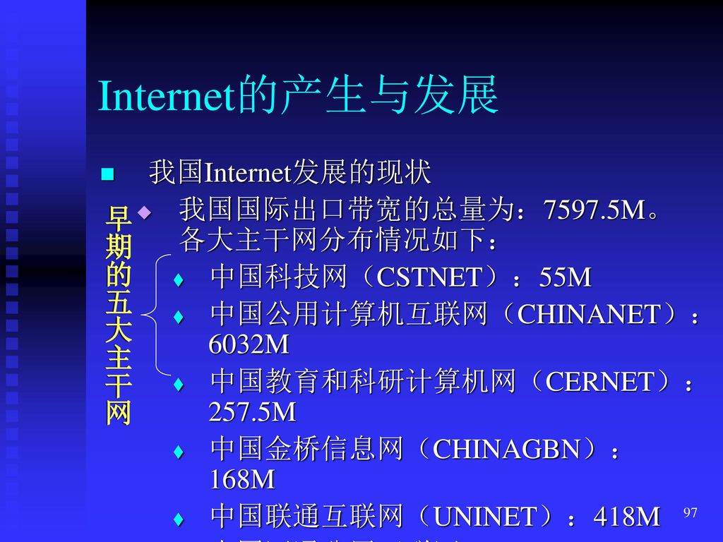 Internet的产生与发展 我国Internet发展的现状 我国国际出口带宽的总量为：7597.5M。各大主干网分布情况如下：