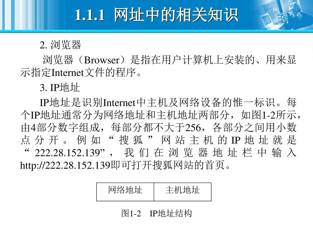 1.1.1 网址中的相关知识 2. 浏览器 浏览器（Browser）是指在用户计算机上安装的、用来显示指定Internet文件的程序。