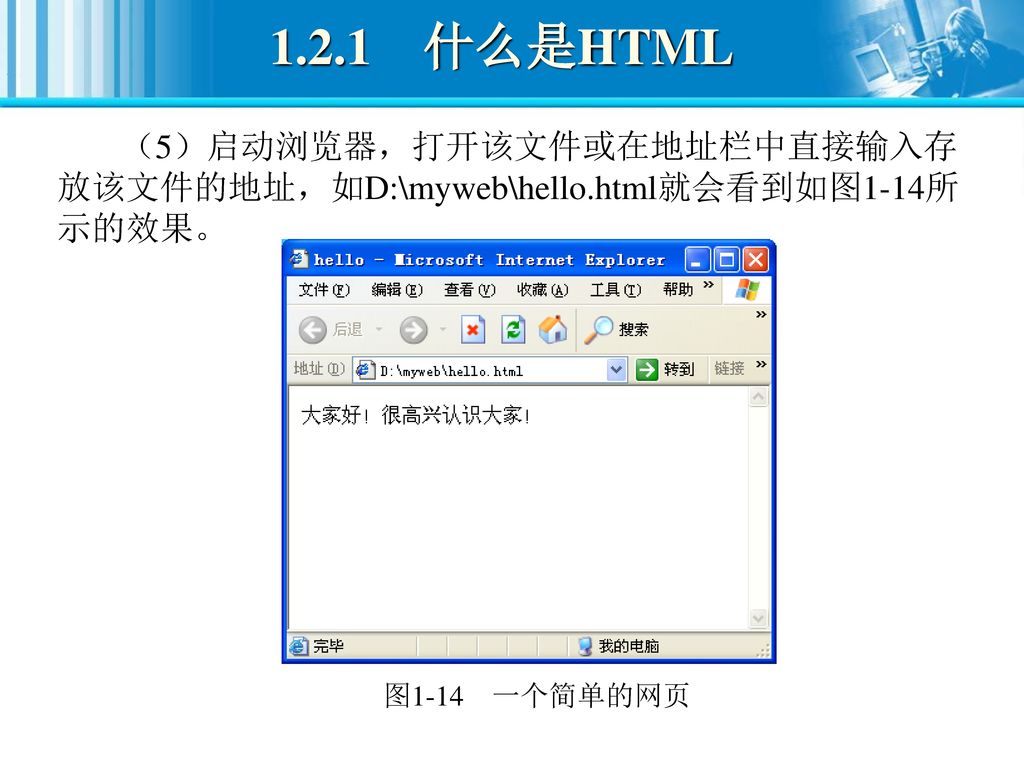 1.2.1 什么是HTML （5）启动浏览器，打开该文件或在地址栏中直接输入存放该文件的地址，如D:\myweb\hello.html就会看到如图1-14所示的效果。 图1-14 一个简单的网页