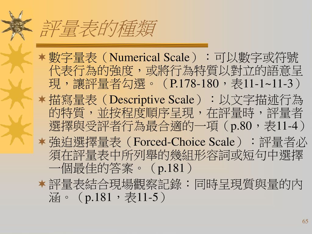 評量表的種類 數字量表（Numerical Scale）：可以數字或符號代表行為的強度，或將行為特質以對立的語意呈現，讓評量者勾選。（P ，表11-1~11-3）