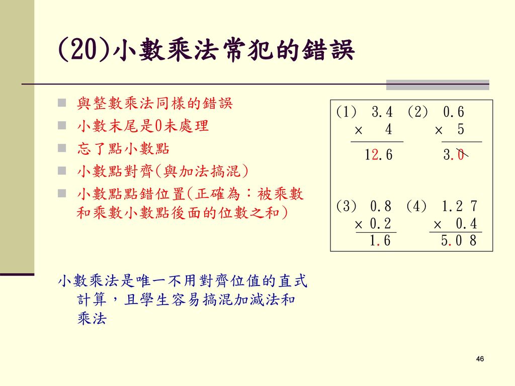 (20)小數乘法常犯的錯誤 與整數乘法同樣的錯誤 小數末尾是0未處理 忘了點小數點 小數點對齊(與加法搞混)