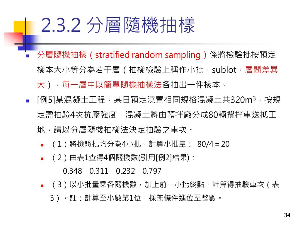 2.3.2 分層隨機抽樣 分層隨機抽樣（stratified random sampling）係將檢驗批按預定樣本大小等分為若干層（抽樣檢驗上稱作小批，sublot，層間差異大），每一層中以簡單隨機抽樣法各抽出一件樣本。