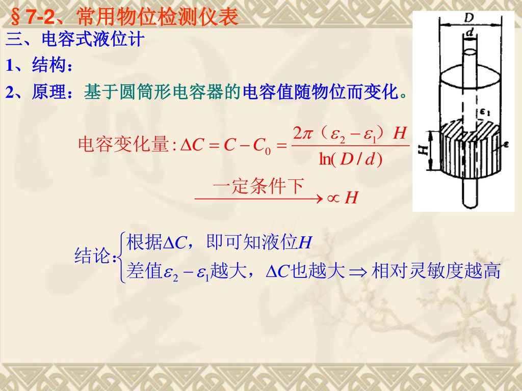 §7-2、常用物位检测仪表 三、电容式液位计 1、结构： 2、原理：基于圆筒形电容器的电容值随物位而变化。
