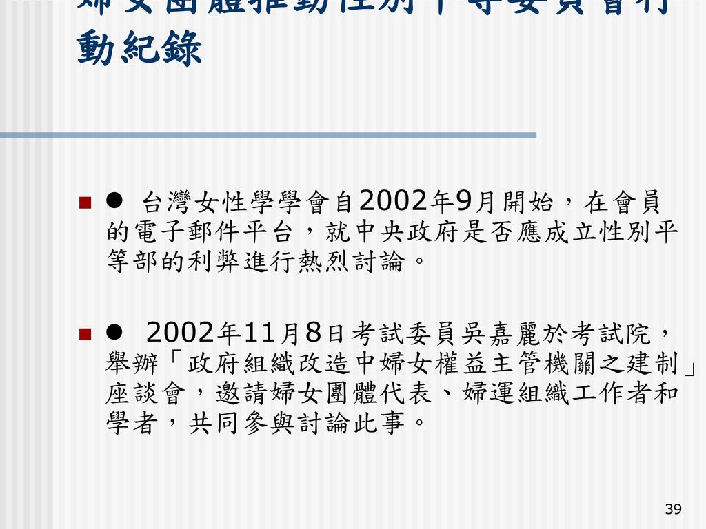 婦女團體推動性別平等委員會行動紀錄 l 台灣女性學學會自2002年9月開始，在會員的電子郵件平台，就中央政府是否應成立性別平等部的利弊進行熱烈討論。