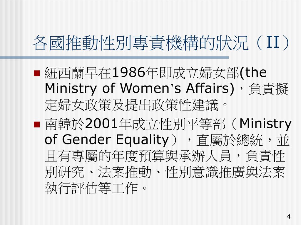 各國推動性別專責機構的狀況（II） 紐西蘭早在1986年即成立婦女部(the Ministry of Women’s Affairs)，負責擬定婦女政策及提出政策性建議。