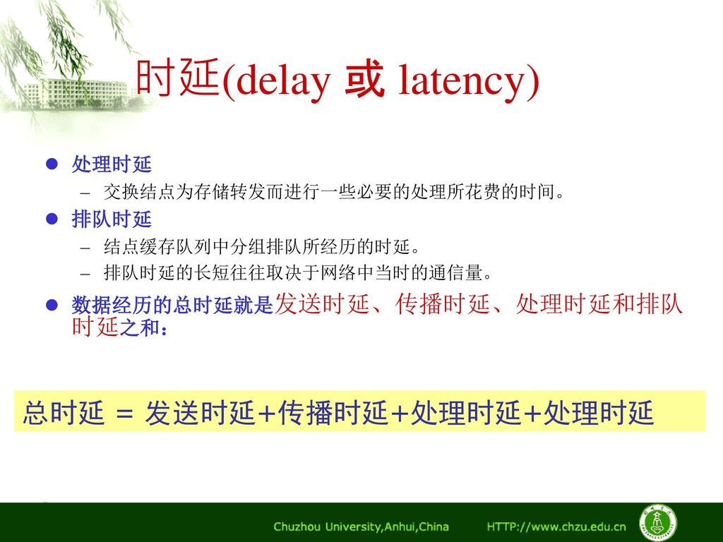 时延(delay 或 latency) 总时延 = 发送时延+传播时延+处理时延+处理时延 处理时延 排队时延