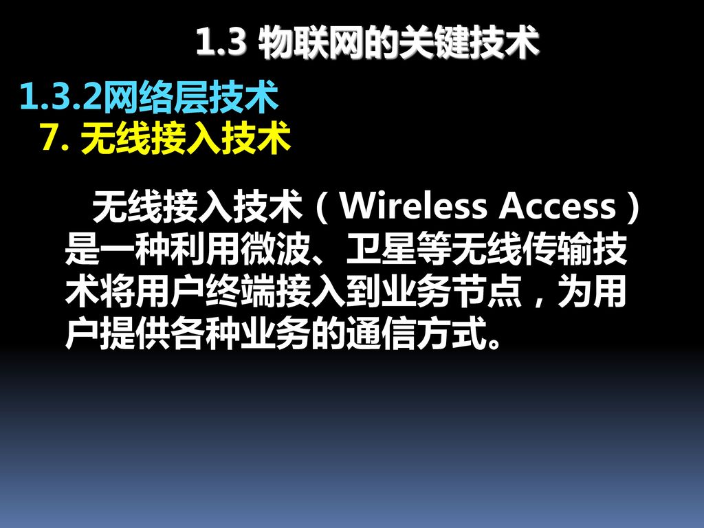 无线接入技术（Wireless Access）是一种利用微波、卫星等无线传输技术将用户终端接入到业务节点，为用户提供各种业务的通信方式。