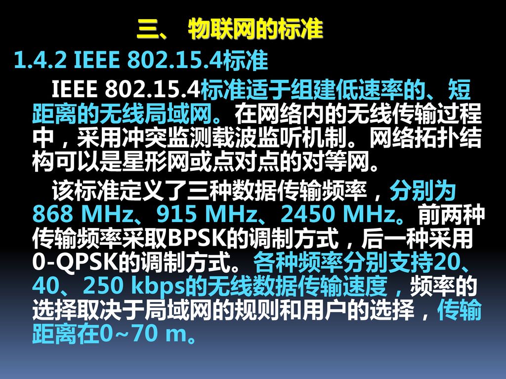 三、 物联网的标准 IEEE 标准. IEEE 标准适于组建低速率的、短距离的无线局域网。在网络内的无线传输过程中，采用冲突监测载波监听机制。网络拓扑结构可以是星形网或点对点的对等网。