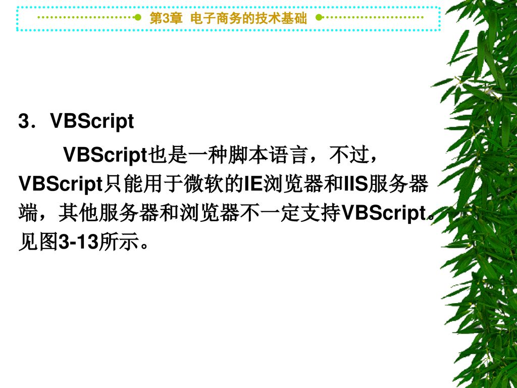 3．VBScript VBScript也是一种脚本语言，不过，VBScript只能用于微软的IE浏览器和IIS服务器端，其他服务器和浏览器不一定支持VBScript。见图3-13所示。