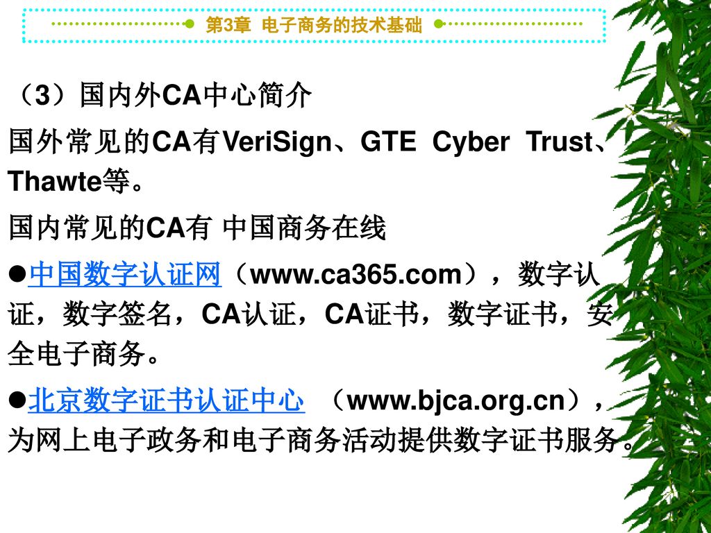 （3）国内外CA中心简介 国外常见的CA有VeriSign、GTE Cyber Trust、Thawte等。 国内常见的CA有 中国商务在线. l中国数字认证网（