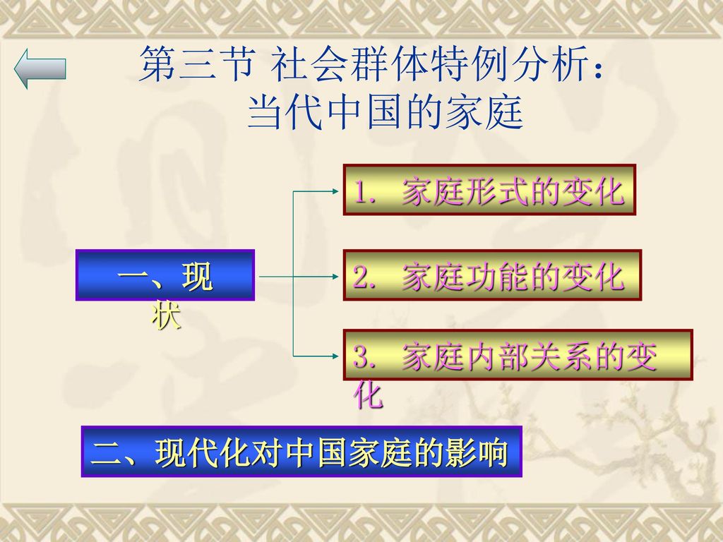 第三节 社会群体特例分析：当代中国的家庭 1. 家庭形式的变化 一、现 状 2. 家庭功能的变化 3. 家庭内部关系的变化