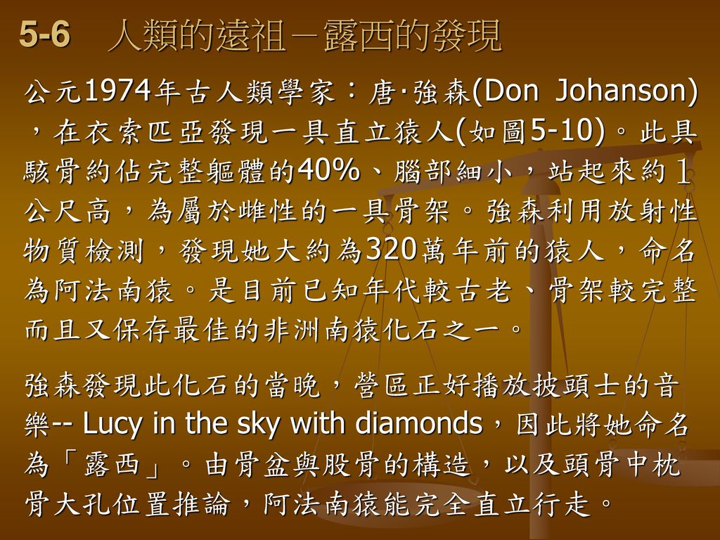 5-6 人類的遠祖－露西的發現 公元1974年古人類學家：唐‧強森(Don Johanson)