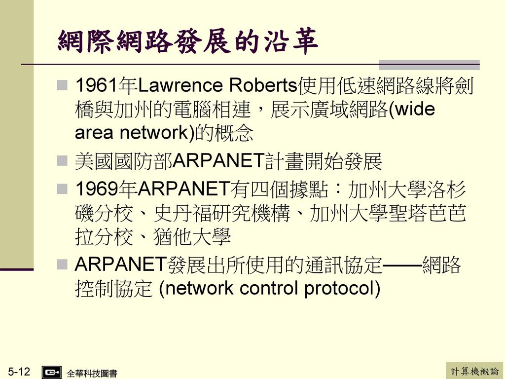 網際網路發展的沿革 1961年Lawrence Roberts使用低速網路線將劍橋與加州的電腦相連，展示廣域網路(wide area network)的概念. 美國國防部ARPANET計畫開始發展.