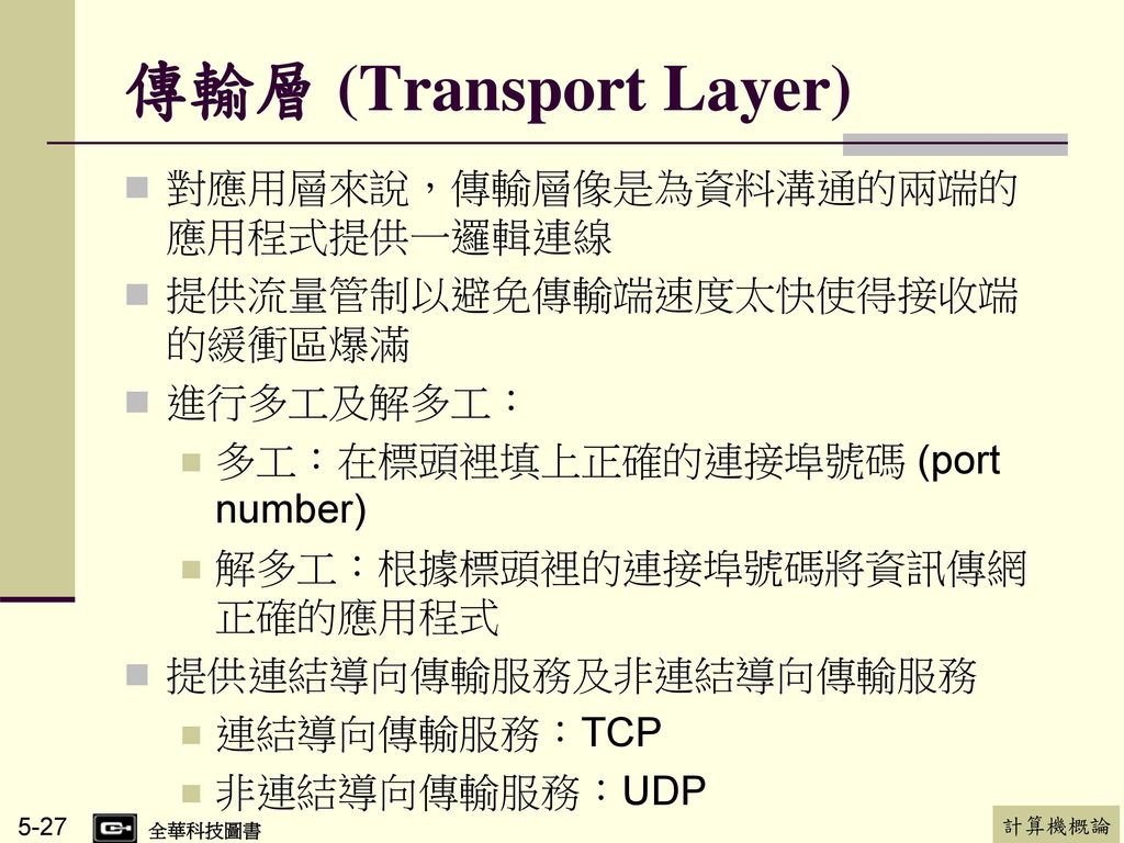 傳輸層 (Transport Layer) 對應用層來說，傳輸層像是為資料溝通的兩端的應用程式提供一邏輯連線