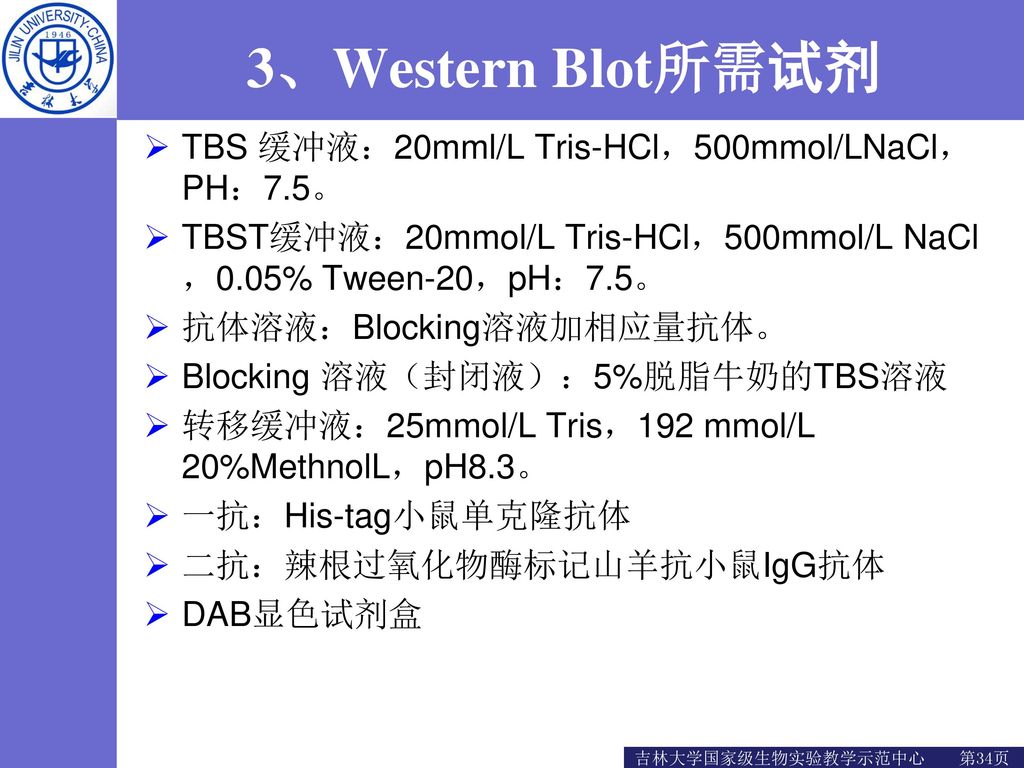 3、Western Blot所需试剂 TBS 缓冲液：20mml/L Tris-HCl，500mmol/LNaCl，PH：7.5。