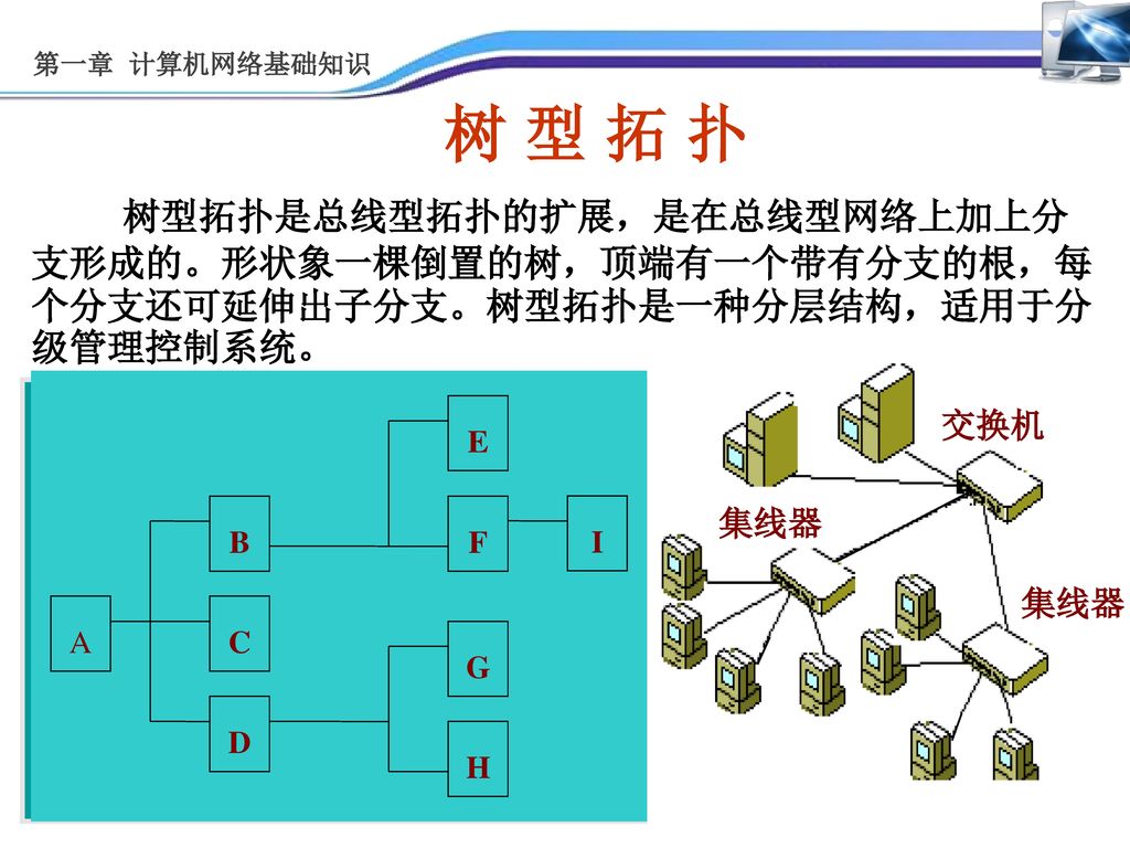 第一章 计算机网络基础知识 树 型 拓 扑. 树型拓扑是总线型拓扑的扩展，是在总线型网络上加上分支形成的。形状象一棵倒置的树，顶端有一个带有分支的根，每个分支还可延伸出子分支。树型拓扑是一种分层结构，适用于分级管理控制系统。