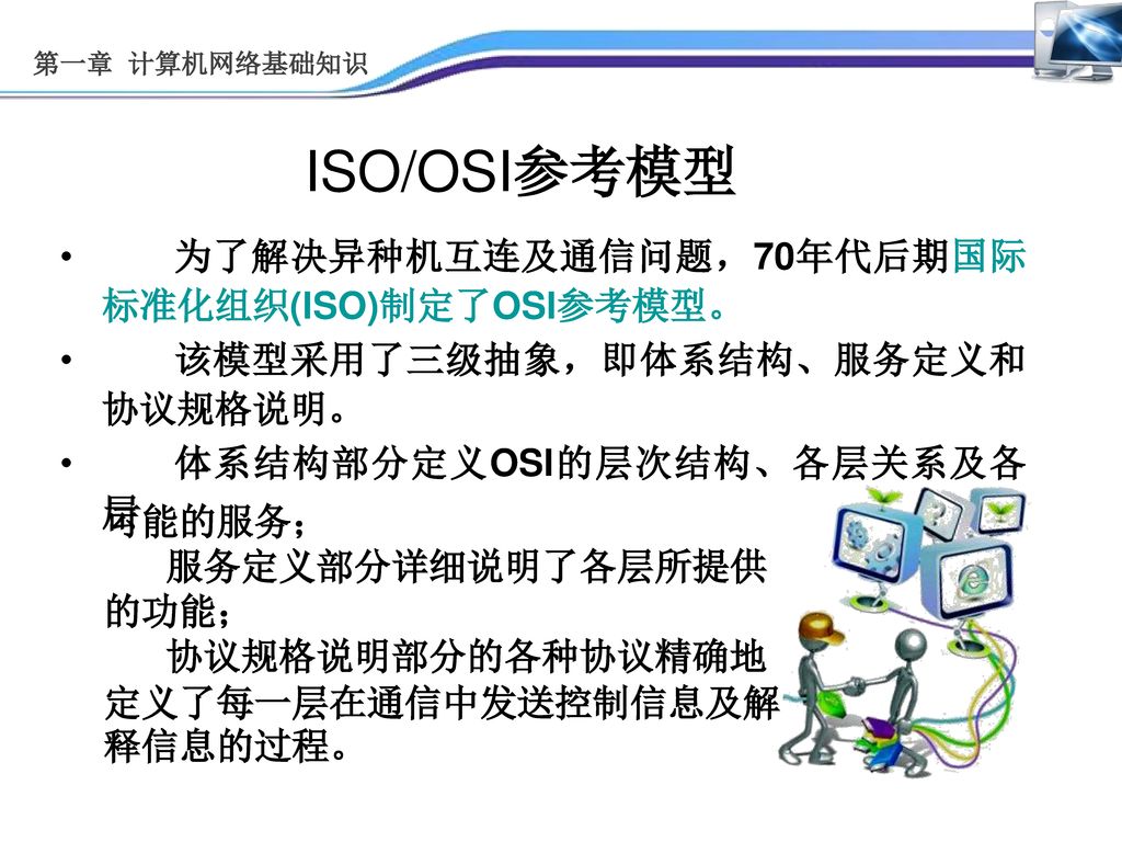 ISO/OSI参考模型 为了解决异种机互连及通信问题，70年代后期国际标准化组织(ISO)制定了OSI参考模型。