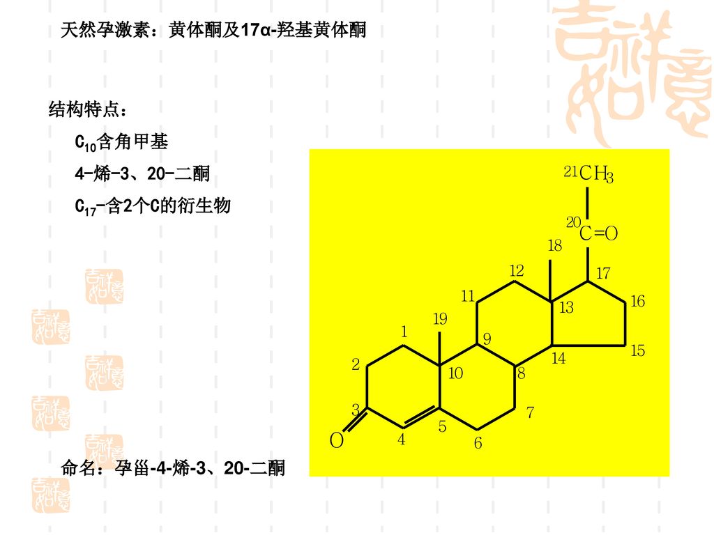 天然孕激素：黄体酮及17α-羟基黄体酮 结构特点： C10含角甲基 4-烯-3、20-二酮 C17-含2个C的衍生物 命名：孕甾-4-烯-3、20-二酮