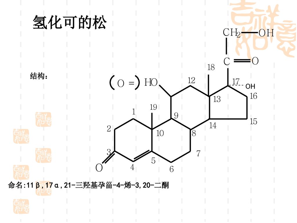 结构： 氢化可的松 命名:11β,17α,21-三羟基孕甾-4-烯-3,20-二酮