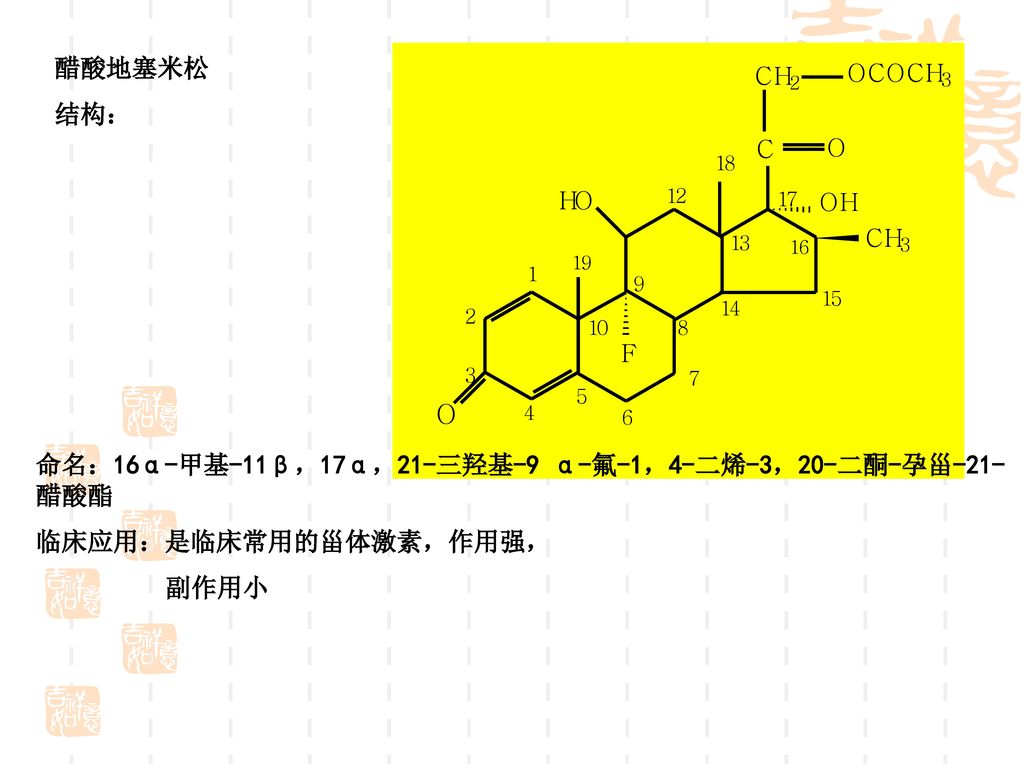 醋酸地塞米松 结构： 命名：16α-甲基-11β，17α，21-三羟基-9 α-氟-1，4-二烯-3，20-二酮-孕甾-21-醋酸酯 临床应用：是临床常用的甾体激素，作用强， 副作用小