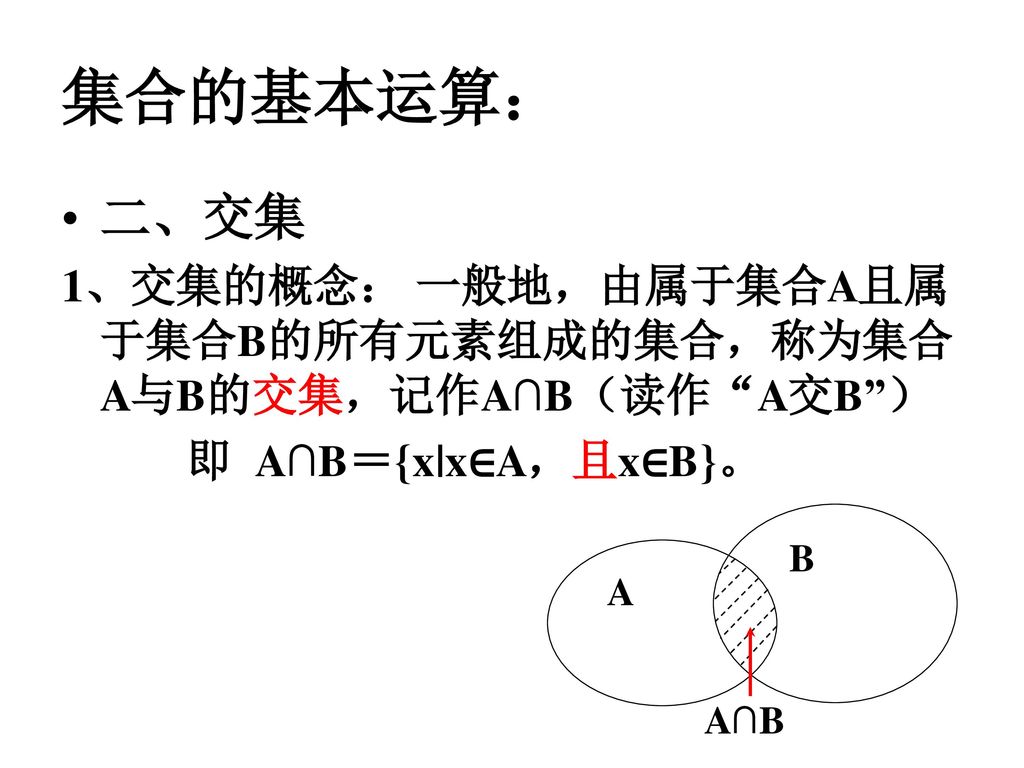 集合的基本运算： 二、交集. 1、交集的概念： 一般地，由属于集合A且属于集合B的所有元素组成的集合，称为集合A与B的交集，记作A∩B（读作 A交B ） 即 A∩B＝{x|x∈A，且x∈B}。