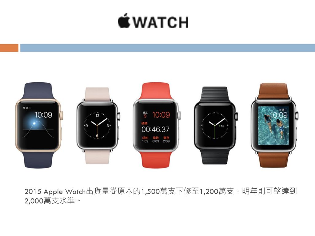 2015 Apple Watch出貨量從原本的1,500萬支下修至1,200萬支，明年則可望達到2,000萬支水準。