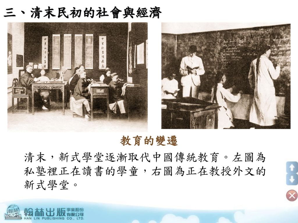 三、清末民初的社會與經濟 教育的變遷 清末，新式學堂逐漸取代中國傳統教育。左圖為私塾裡正在讀書的學童，右圖為正在教授外文的新式學堂。