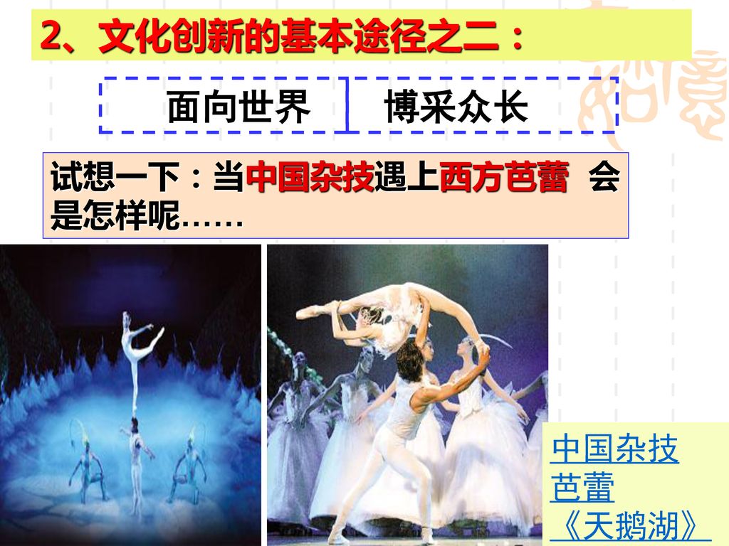 2、文化创新的基本途径之二： 面向世界 博采众长 试想一下：当中国杂技遇上西方芭蕾 会是怎样呢…… 中国杂技 芭蕾 《天鹅湖》