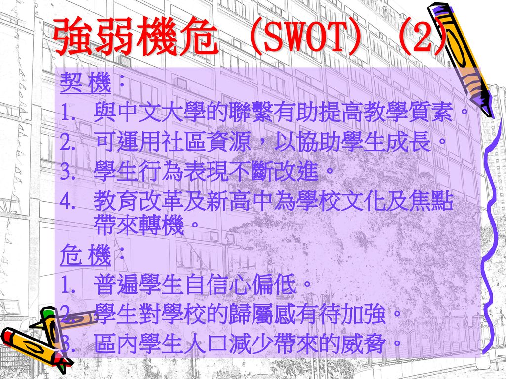 強弱機危 (SWOT) (2) 契 機︰ 與中文大學的聯繫有助提高教學質素。 可運用社區資源，以協助學生成長。 學生行為表現不斷改進。