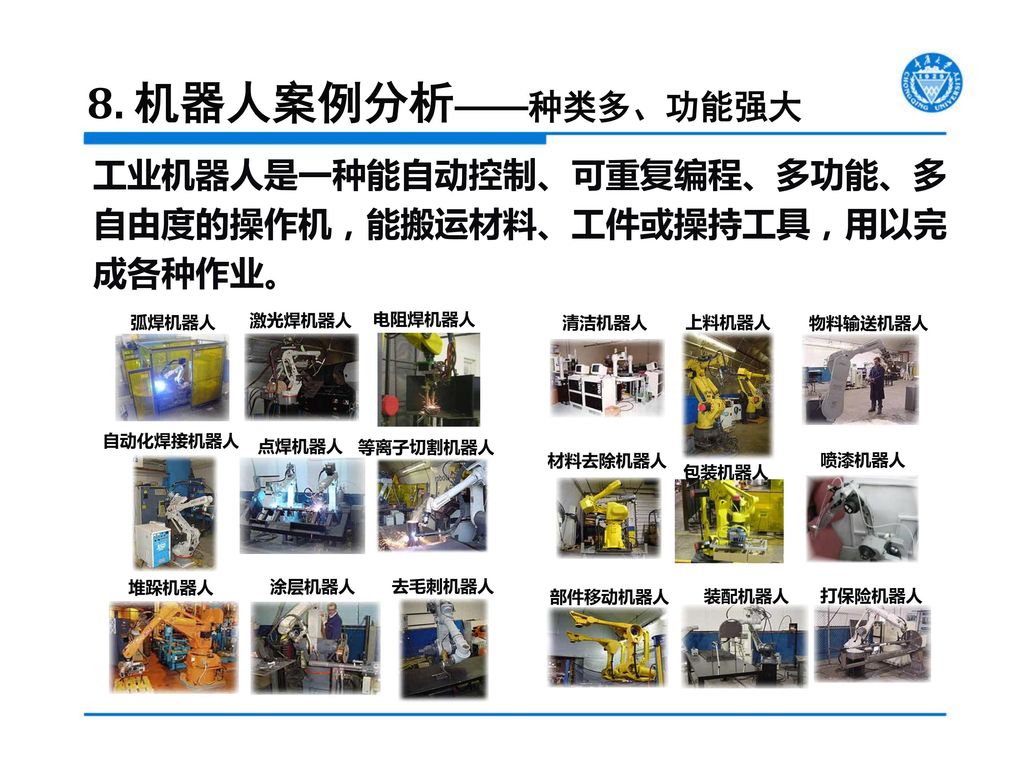 8. 机器人案例分析——种类多、功能强大 工业机器人是一种能自动控制、可重复编程、多功能、多自由度的操作机，能搬运材料、工件或操持工具，用以完成各种作业。 弧焊机器人. 激光焊机器人. 电阻焊机器人.