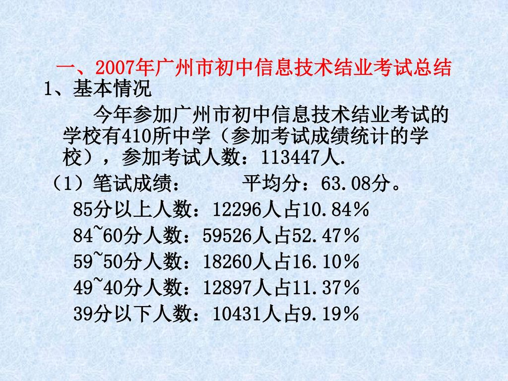 一、2007年广州市初中信息技术结业考试总结 1、基本情况. 今年参加广州市初中信息技术结业考试的学校有410所中学（参加考试成绩统计的学校），参加考试人数：113447人. （1）笔试成绩： 平均分：63.08分。