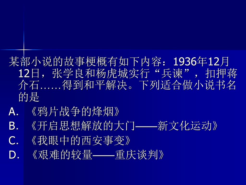 某部小说的故事梗概有如下内容：1936年12月12日，张学良和杨虎城实行 兵谏 ，扣押蒋介石……得到和平解决。下列适合做小说书名的是