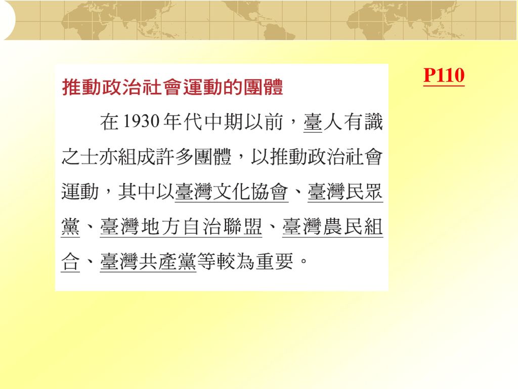 臺灣議會設置請願運動 課文整理 時間：長達14年(1921~1934) 發起者：林獻堂、林呈祿、蔡培火……