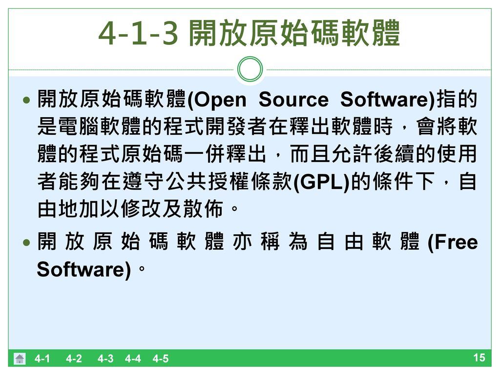 4-1-3 開放原始碼軟體 開放原始碼軟體(Open Source Software)指的是電腦軟體的程式開發者在釋出軟體時，會將軟體的程式原始碼一併釋出，而且允許後續的使用者能夠在遵守公共授權條款(GPL)的條件下，自由地加以修改及散佈。
