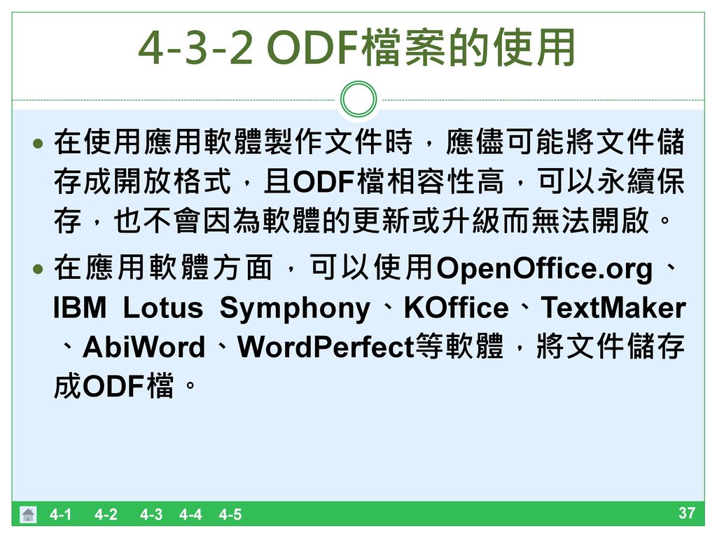 4-3-2 ODF檔案的使用 在使用應用軟體製作文件時，應儘可能將文件儲存成開放格式，且ODF檔相容性高，可以永續保存，也不會因為軟體的更新或升級而無法開啟。