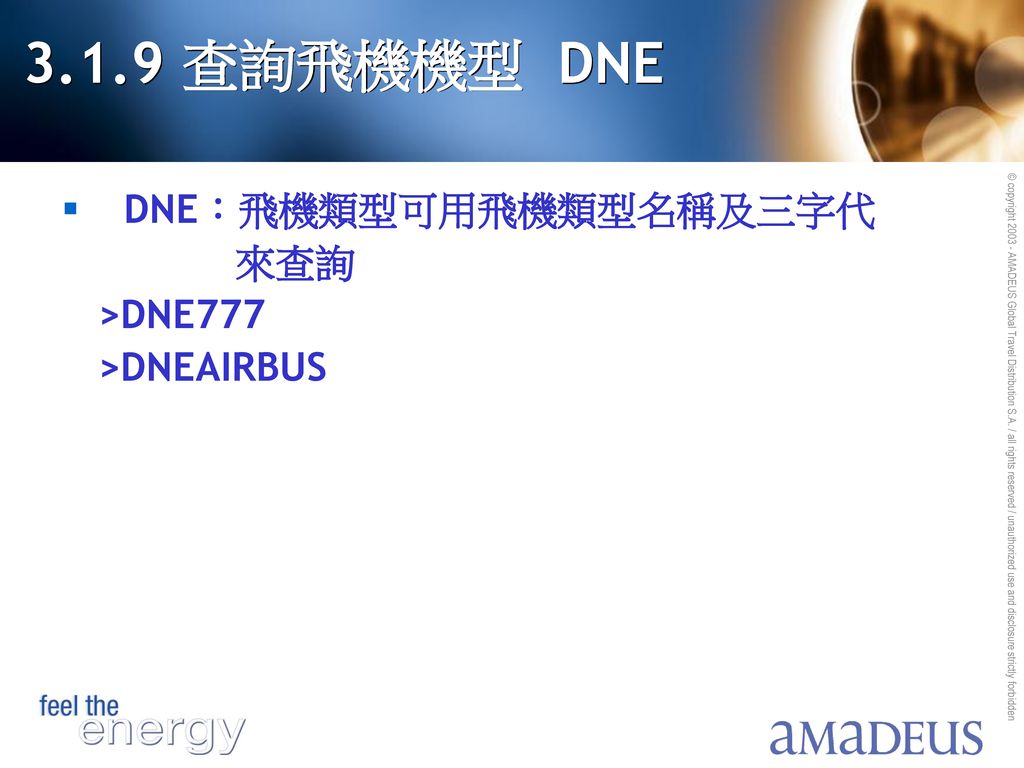 3.1.9 查詢飛機機型 DNE DNE：飛機類型可用飛機類型名稱及三字代 來查詢 >DNE777 >DNEAIRBUS